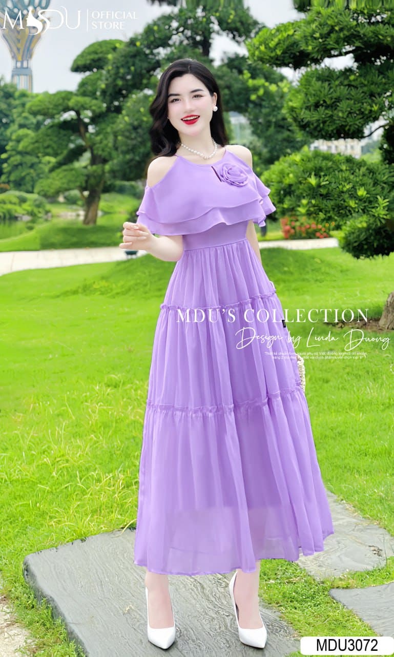 Đầm màu tím đi dự tiệc trễ vai 