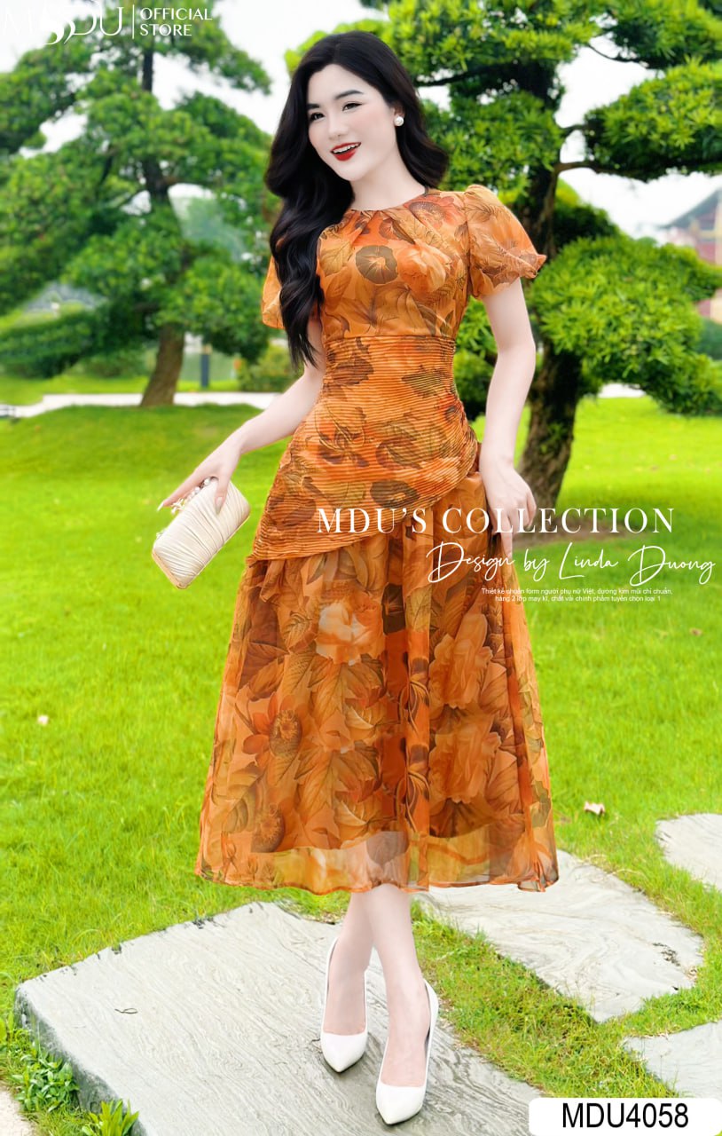 Váy Thiết Kế MDU4058 Hoạ Tiết 5D Tay Bồng Cổ Tròn Điểm Nhấn Ly Bụng ( Thiết Kế 12 Màu Độc Quyền Từ MDU Fashion)