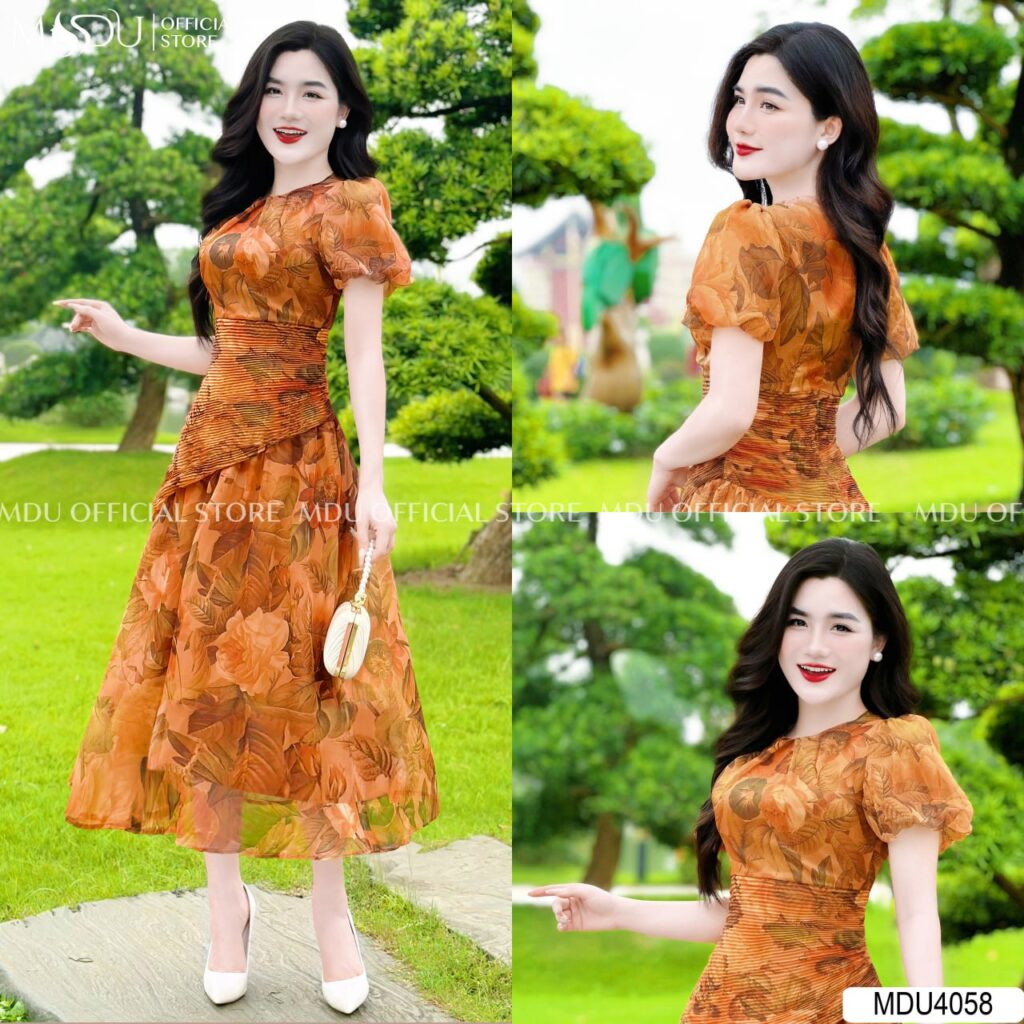 Đầm Dự Tiệc Màu Cam Xếp Ly Duyên Dáng