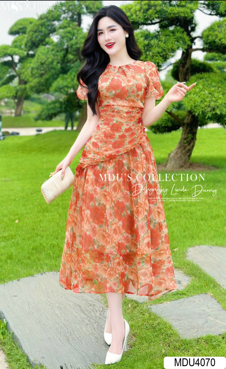 Váy Thiết Kế MDU4070 Hoạ Tiết 5D Tay Bồng Cổ Tròn Điểm Nhấn Ly Bụng