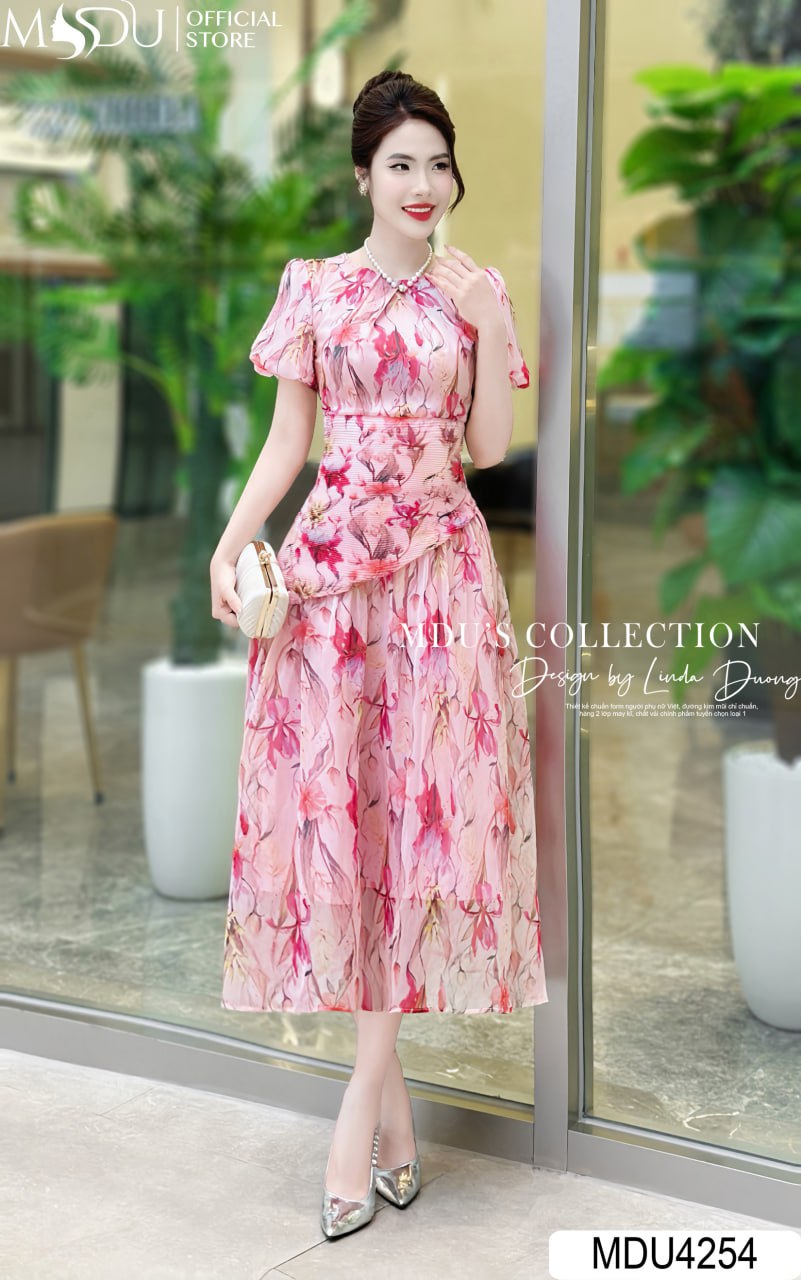 Váy Thiết Kế MDU4254 Hoạ Tiết 5D Tay Bồng Cổ Tròn Điểm Nhấn Ly Bụng ( Thiết Kế 12 Màu Độc Quyền Từ MDU Fashion)