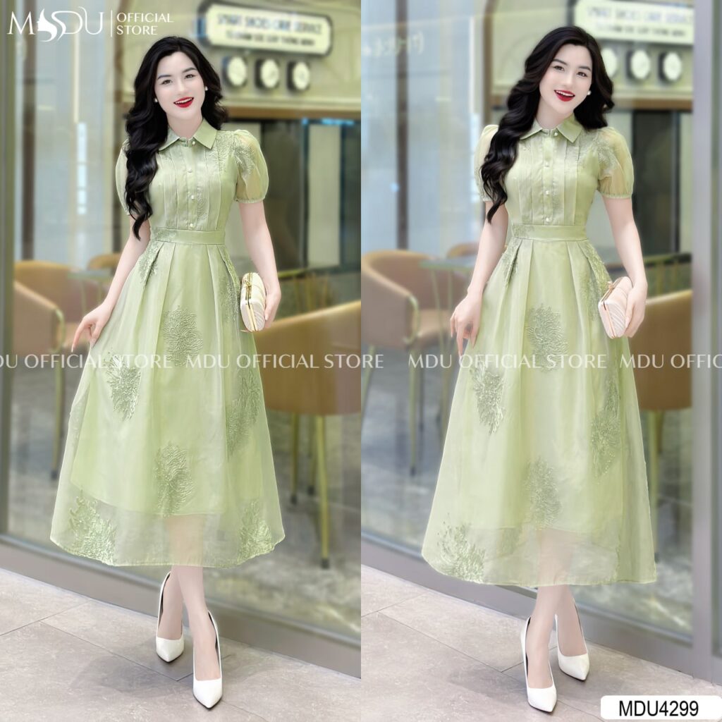 Đầm Xanh Lá Cây Dự Tiệc Cổ Sơ Mi Thanh Lịch