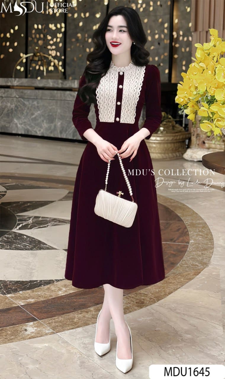 Các Kiểu Váy Nhung Thiết Kế Đang “Làm Mưa Làm Gió” - Váy Nhung Phối Voan Hoặc Ren