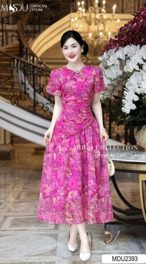 Váy Thiết Kế MDU2393 Tay Bồng Cổ Tròn Điểm Nhấn Ly Bụng