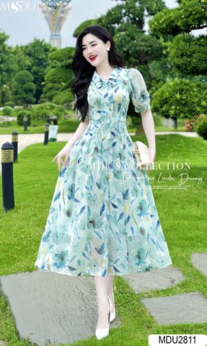 Váy Thiết Kế MDU2811 Cổ Sơ Mi Thắt Nơ Thanh Lịch