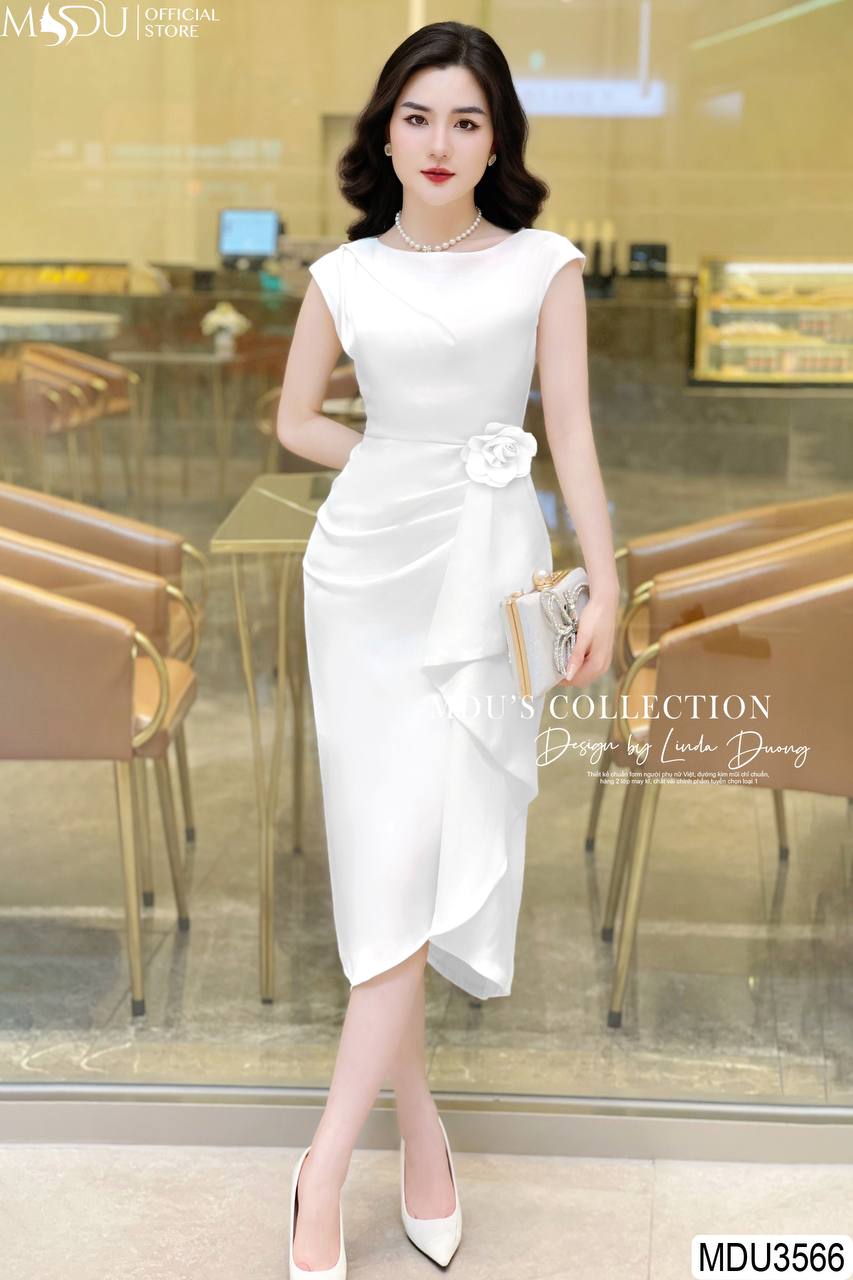 Váy Thiết Kế MDU3566 Màu Trắng Thiết Kế Hoa Rời