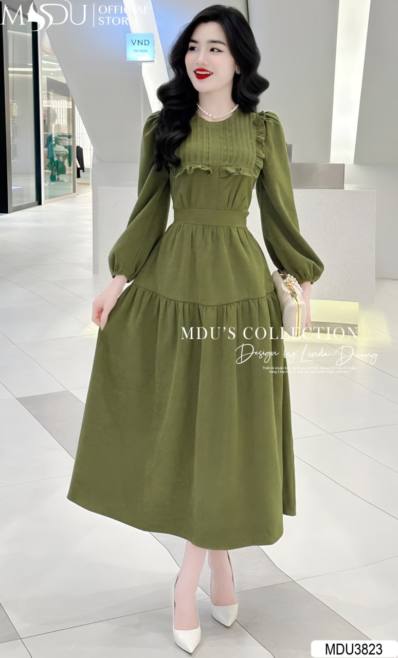 Váy Thiết Kế MDU3823 Màu Xanh Bay Bổng Thanh Lịch, Tay Dài Che Khuyết Điểm