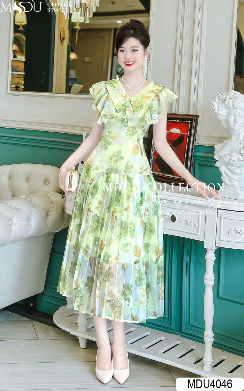 Váy Thiết Kế MDU4046 màu Xanh Cổ Sơ Mi Họa Tiết Bắt Mắt Tinh Tế
