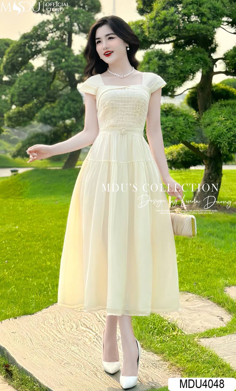 Váy Thiết Kế MDU4048 Màu Kem Công Chúa Nữ Tính Thanh Lịch Tơ Phối Ren