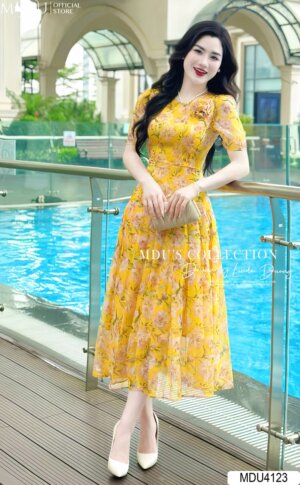 Váy Thiết Kế MDU4123 Dáng Dài Phối Họa Tiết Hoa Tinh Tế Đính Hoa Độc Đáo
