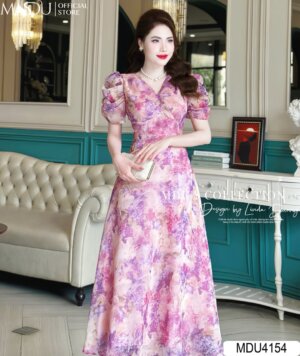 Váy Thiết Kế MDU4154 Dáng Dài Cổ V Phối Họa Tiết Bắt Mắt