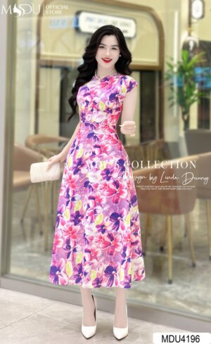Váy Thiết Kế MDU4196 Dáng Dài Tay Hến Phối Họa Tiết Hoa Tím
