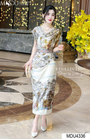 Váy Thiết Kế MDU4336 Dáng Dài Phối Họa Tiết Mới Lạ