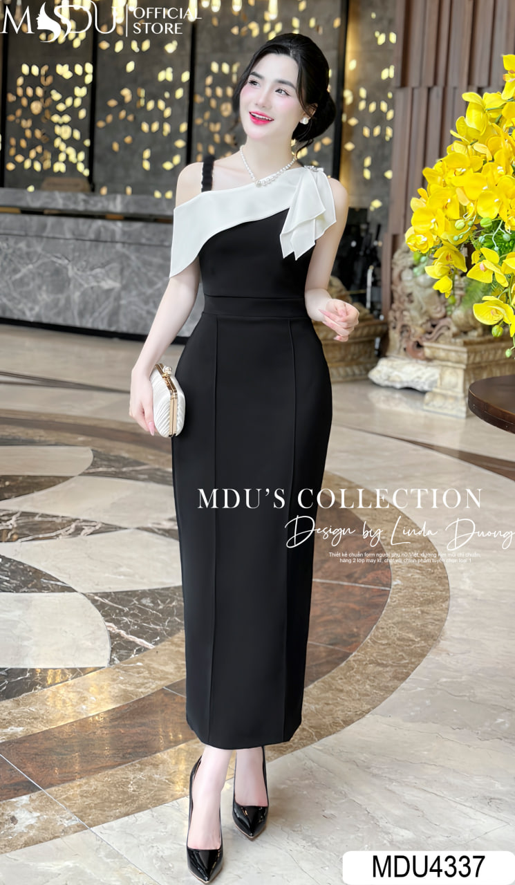 Váy Thiết Kế MDU4337 Dáng Lệch Vai Phối Gam Màu Tinh Tế