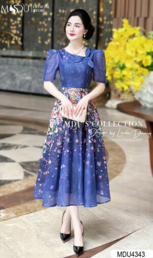 Váy Thiết Kế MDU4343 Màu Xanh Phối Họa Tiết Tinh Tế
