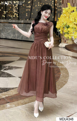 Váy Thiết Kế MDU4348 Màu Nâu Dáng Dài Tay Hến Đính Hoa Tinh Tế, Độc Đáo
