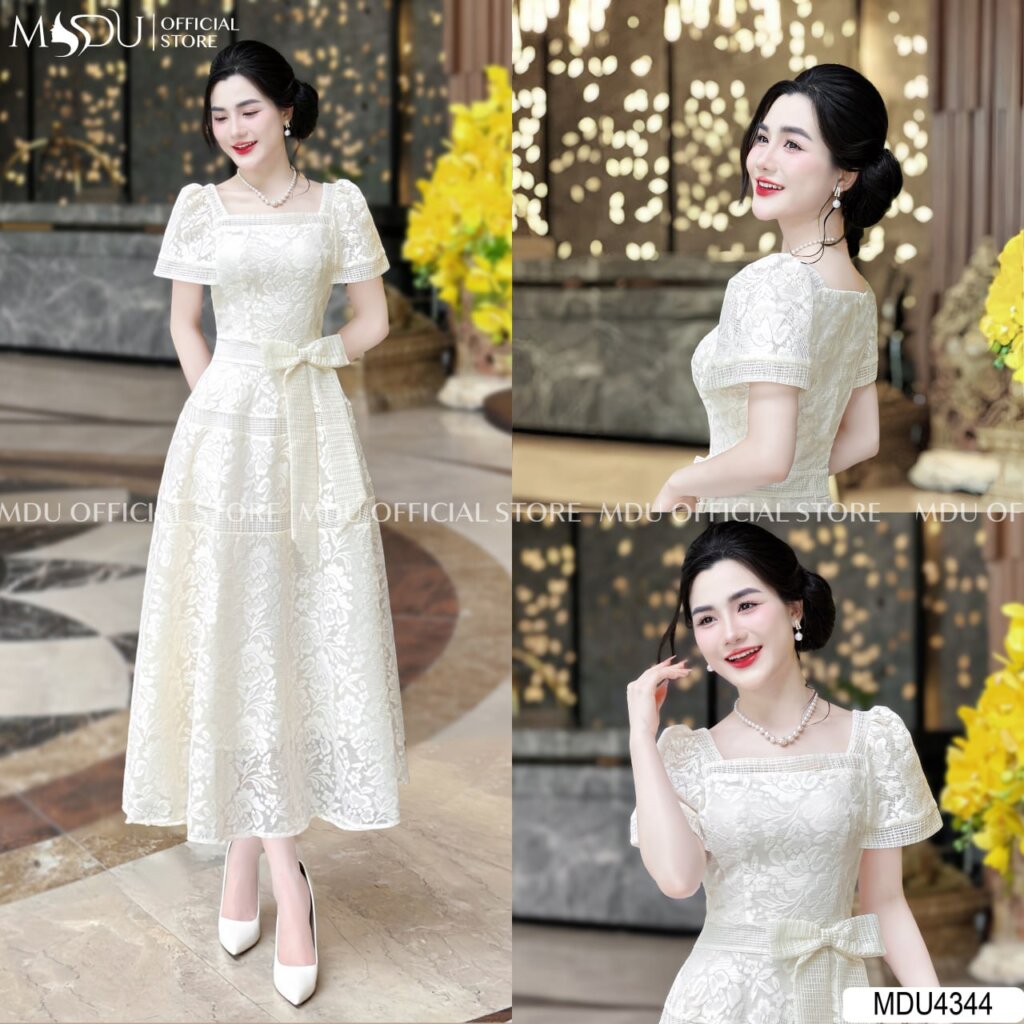 Váy Màu trắng công chúa cổ vuông với chi tiết ren thêu tay