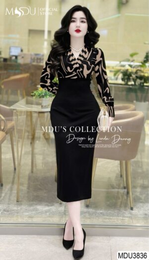 Váy Thiết Kế MDU3836 – Màu Đen Ôm Body Phối Cùng Họa Tiết Cách Điệu