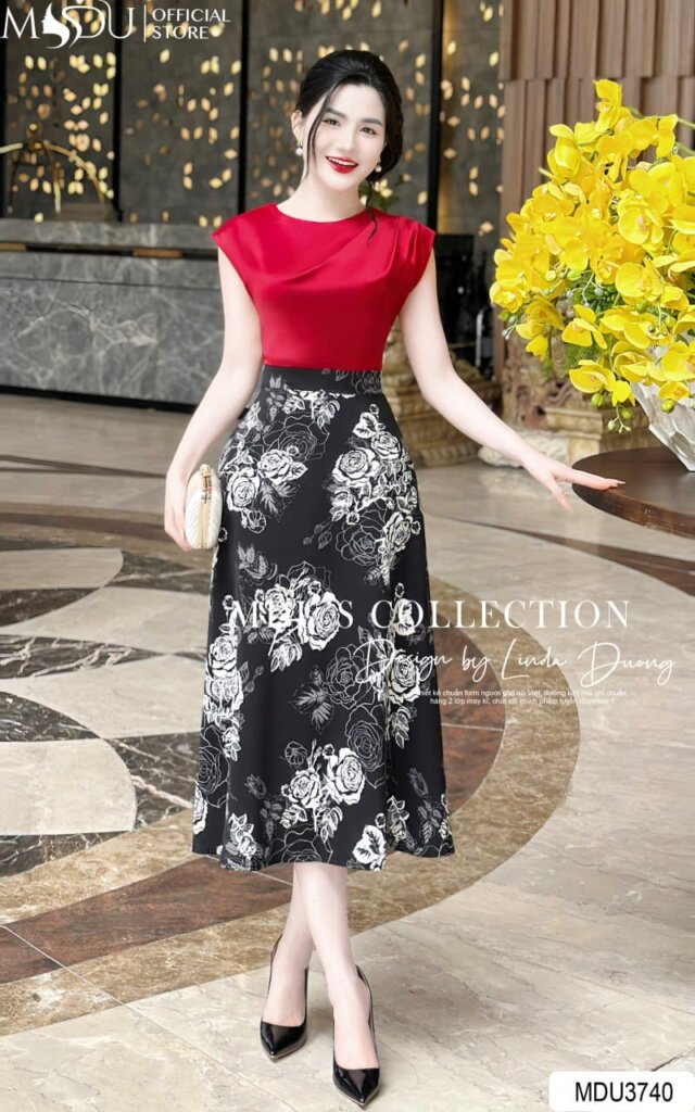 Đầm Lụa dáng dài phối màu bắt mắt