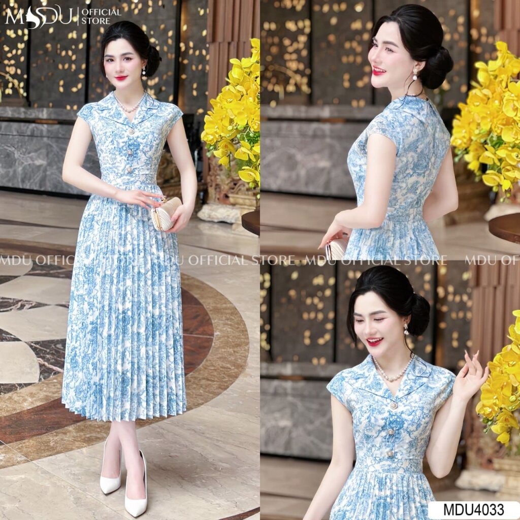 Đầm Sơ Mi Lụa Xếp Li Phối Họa Tiết Xanh Mới