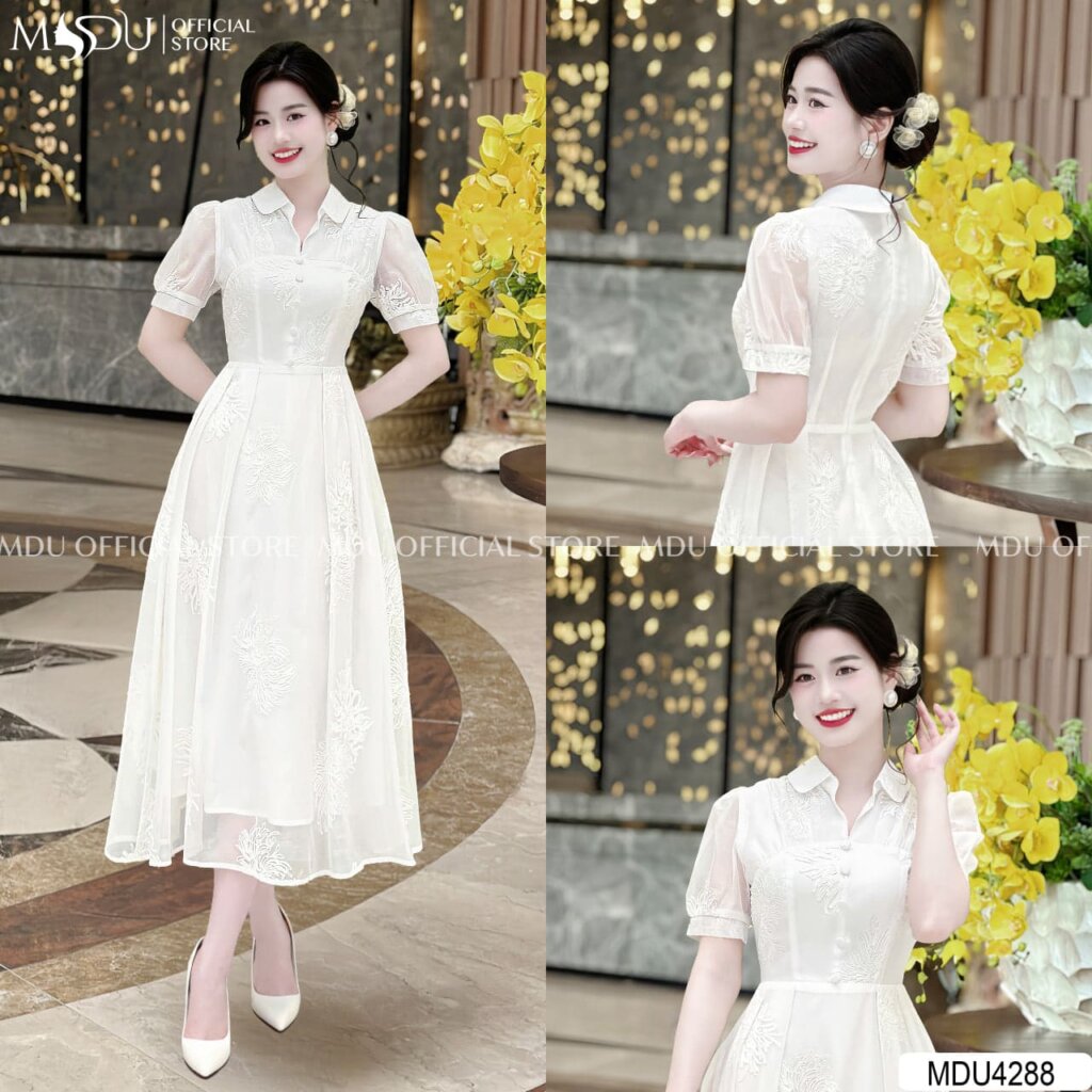 Váy Màu trắng công chúa tay phồng cổ điển