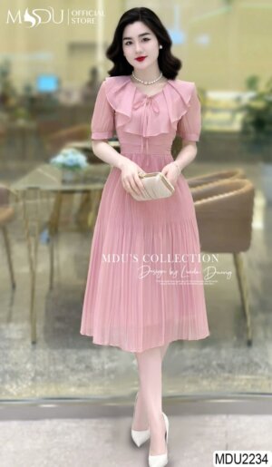 Váy Thiết Kế MDU2234 – Màu Hồng Nhẹ Nhàng Phối Cùng Dây Nơ Trước Ngực Tinh Tế