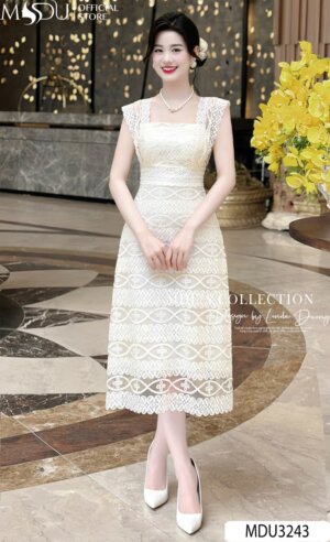 Váy Thiết Kế MDU3243 – Ren Trắng Tinh Khôi Phối Cùng Họa Tiết Cách Điệu