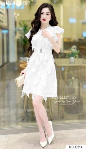 Váy Thiết Kế MDU3314 – Màu Trắng Tinh Khôi Cùng Chi Tiết Sóng Lượn Làm Bằng Vải Tơ Óng Chính Phẩm Cao Cấp