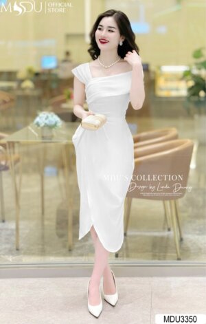 Váy Thiết Kế MDU3350 – Màu Trắng Tinh Khôi Cổ Cách Điệu Thanh Lịch