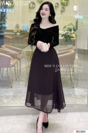 Váy Thiết Kế MDU3642 – Màu Đen Quý Phái Cùng Chất Liệu Nhũ Co Giãn Dày Dặn Trễ Vai Tạo Thêm Điểm Nhấn Cho Váy