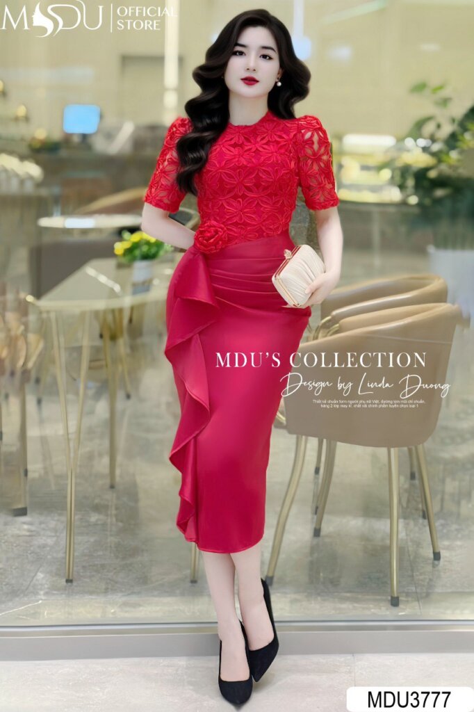 Đầm Body Cao Cấp Sang Trọng Ren Hoa Hồng Đỏ