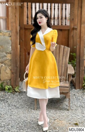 Váy Thiết Kế MDU3904 – Màu Vàng Lạ Mắt Điểm Nhấn Là Những Họa Tiết Ở Tay Áo Đầy Tinh Tế