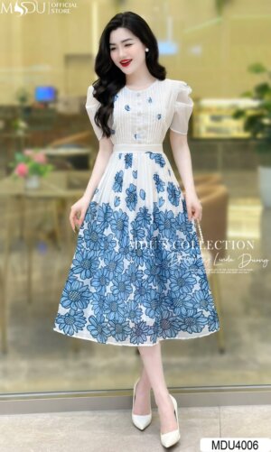 Váy Thiết Kế MDU4006 – Tông Trắng Phối Cùng Họa Tiết Hoa Xanh Dịu Mát