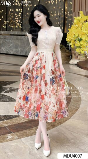 Váy Thiết Kế MDU4007 – Màu Be Dáng Xòe Cùng Họa Tiết Hoa Độc Đáo Bắt Mắt
