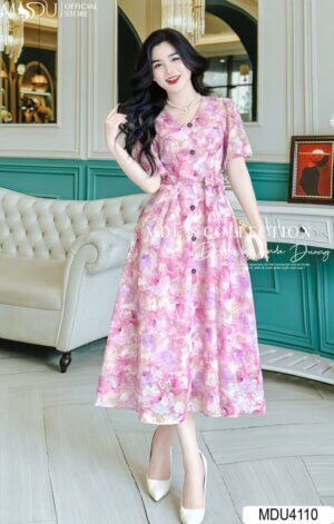 Váy Thiết Kế MDU4110 Thắt Nơ Đính Cúc