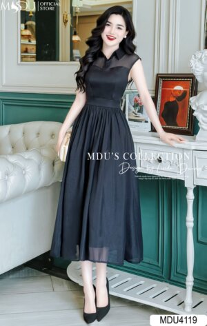 Váy Thiết Kế MDU4119 – Màu Đen Qúy Phái Cổ Sơ Mi Thanh Lịch Kết Hợp Cùng Tay Hến Cách Điệu