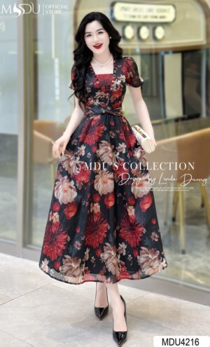 Váy Thiết Kế MDU4216 – Màu sắc Bắt Mắt Cùng Họa Tiết Hoa Độc Đáo Thắt Eo Cách Điệu
