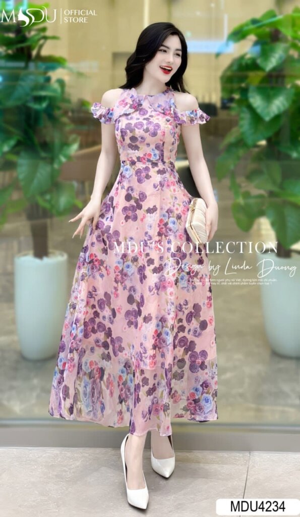 Đầm Maxi Hở Vai Kết Hợp Bèo Nhún