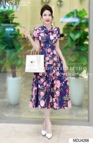 Váy Thiết Kế MDU4266 – Dáng Xòe Xanh Thanh Cổ Cách Điệu Kết Hợp Thắt Nơ Tinh Tế Cuốn Hút