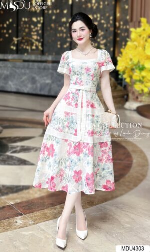 Váy Thiết Kế MDU4303 – Dáng Xòe Phối Cùng Họa Tiết Hoa Cách Điệu