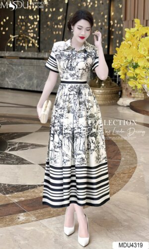 Váy Thiết Kế MDU4319 – Dáng Dài Màu Trắng Phối Đen Cổ Sơ Mi Cổ Điển Tạo Điểm Nhấn Cho Váy
