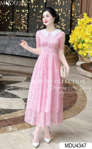 Váy Thiết Kế MDU4347 – Màu Hồng Thanh Lịch Đính Cúc Tinh Tế Phối Cùng Tay Lỡ Cách Điệu