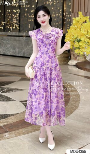 Váy Thiết Kế MDU4355 – Dáng Dài Màu Tím Thanh Lịch Đính Hoa Ở Cổ Cách Điệu