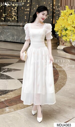 Váy Thiết Kế MDU4363 – Màu Trắng Dáng Dài Nơ Thêu Tinh Tế