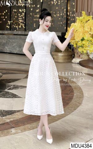 Váy Thiết Kế MDU4384 – Dáng Dài Màu Trắng Tinh Khôi Cổ Sơ Mi Thanh Lịch Thướt Tha