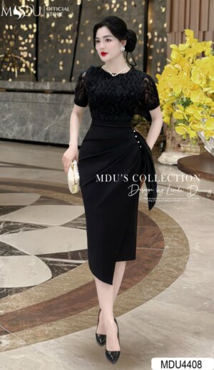 Váy Thiết Kế MDU4408 – Màu Đen Chất Ren Xẻ Trái Cách Điệu Sang Chảnh