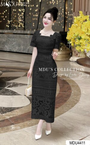 Váy Thiết Kế MDU4411 – Màu Đen Chất Ren Cổ Vuông Cách Điệu