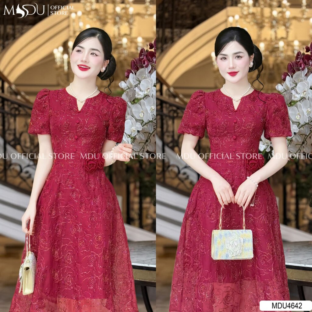 Đầm midi dáng dài tay bồng cùng cổ thiết kế cách điệu 