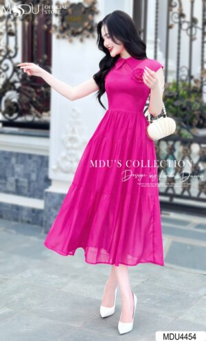 Váy Thiết Kế MDU4454 – Màu Hồng Bắt Mắt Chiết Eo Tinh Tế Xếp Li Nhẹ Nhàng Đính Đá Tỉ Mỉ