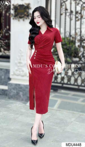 Váy Thiết Kế MDU4448 – Màu Đỏ Quyến Rũ Xẻ Tà Điệu Đà Phối Cùng Cổ Chữ V Cách Điệu
